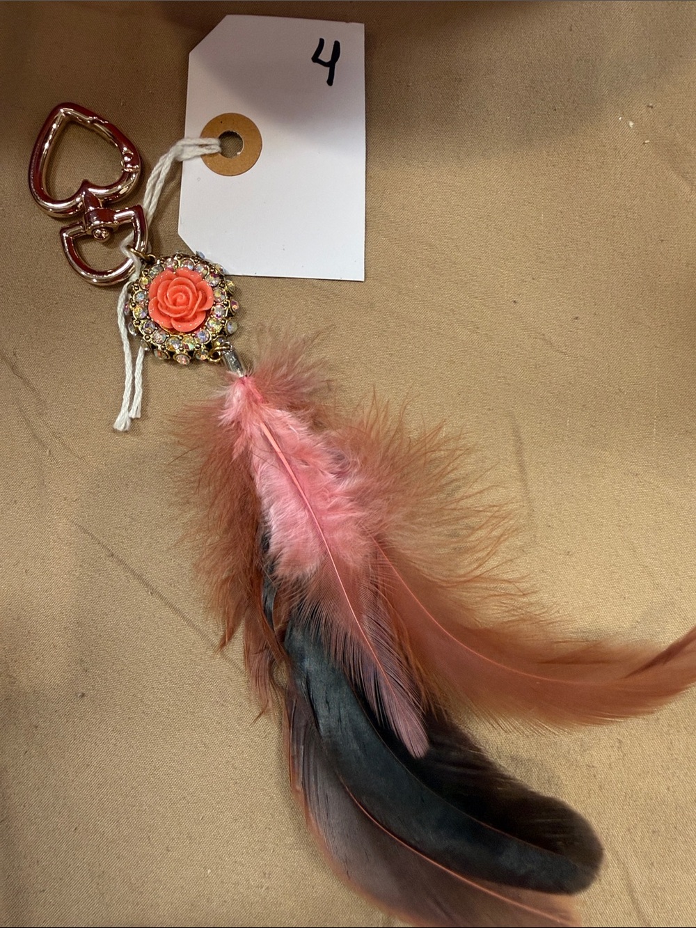 Pink Feather and Rose Key & Card Holder Charm